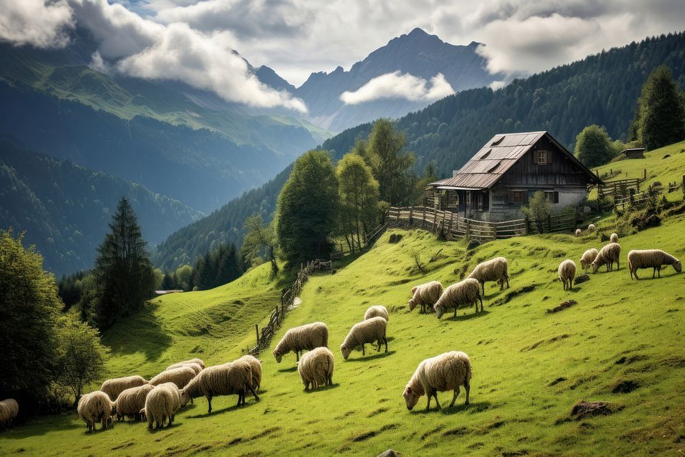 Sheep farm landscape grassland. AI generated Image by rawpixel.