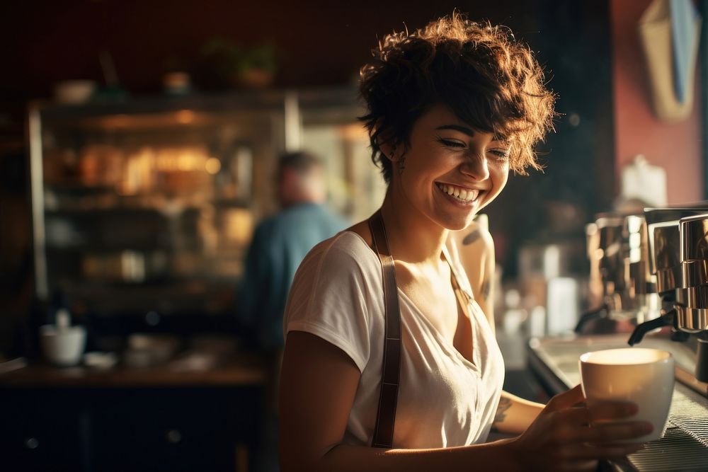 Latin Female Barista With Short Hair Making A Cup Of latte cup barista female. 