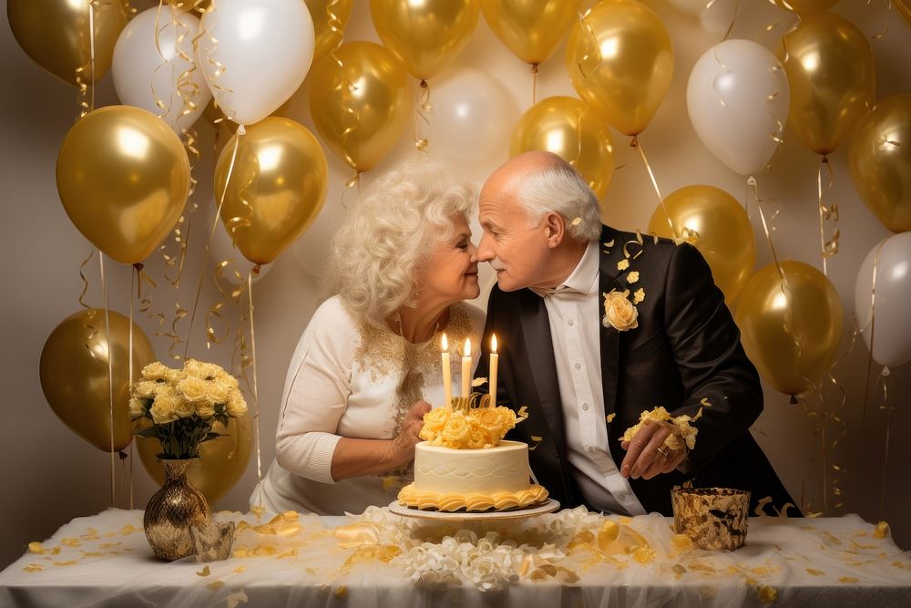 Golden wedding anniversary celebration balloon dessert. AI generated Image by rawpixel.