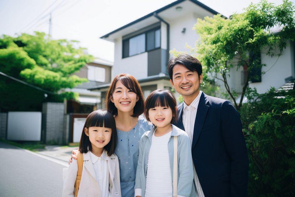 Japanse family cheerful outdoors portrait. 