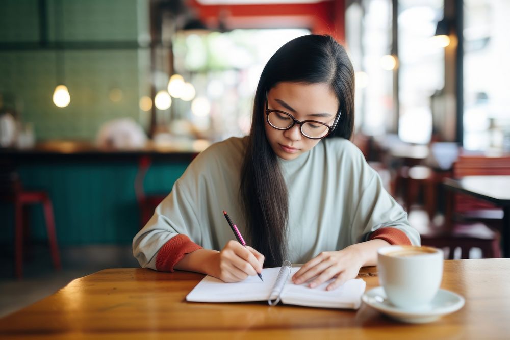 Asian woman writing coffee paper. AI generated Image by rawpixel.