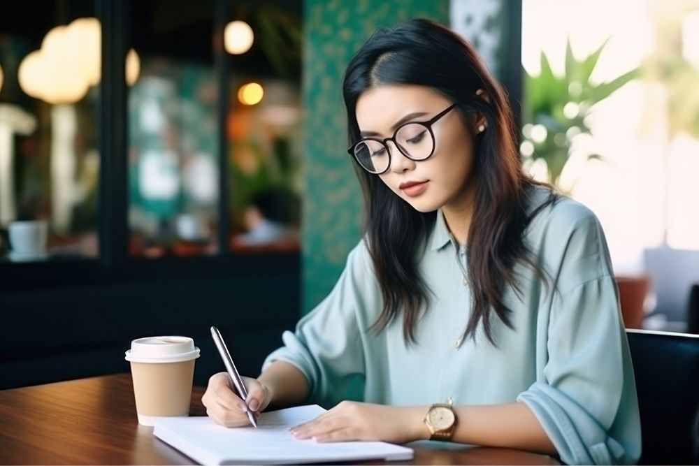 Asian woman glasses writing paper. AI generated Image by rawpixel.