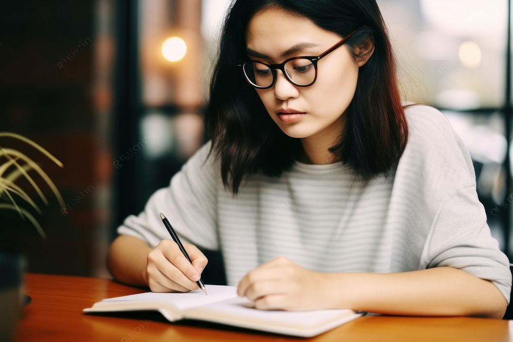 Asian woman glasses writing reading. 