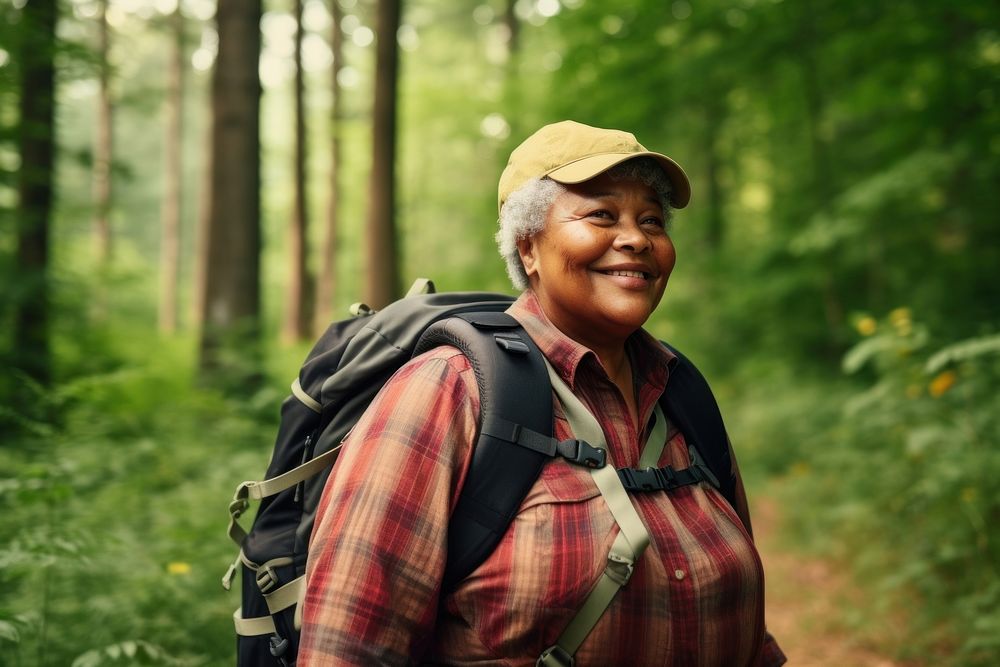 Backpack portrait forest smile. 