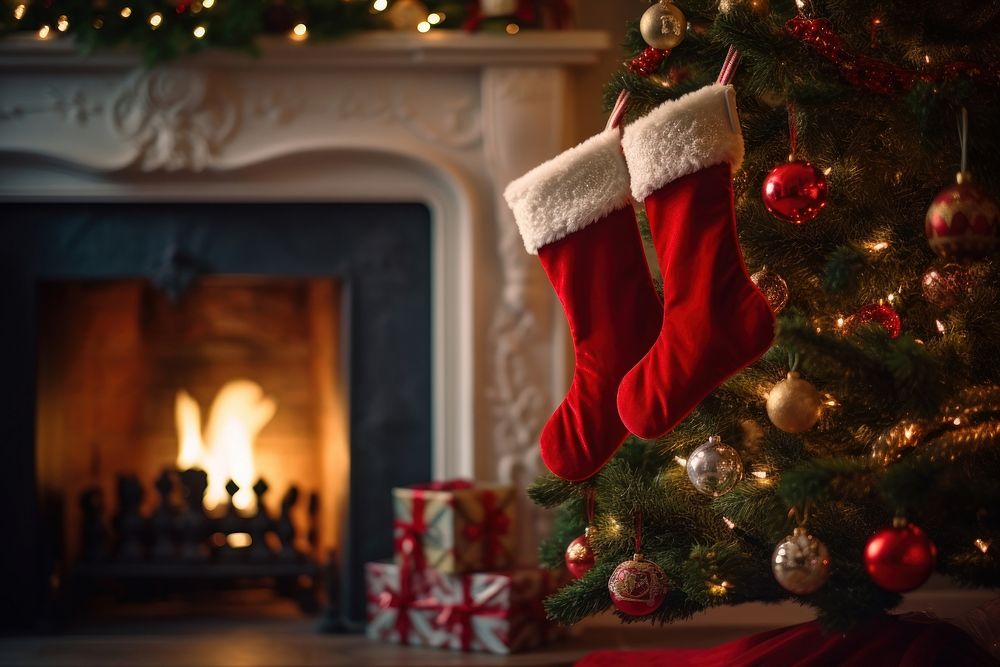 Christmas tree Stocking fireplace stocking. AI generated Image by rawpixel.
