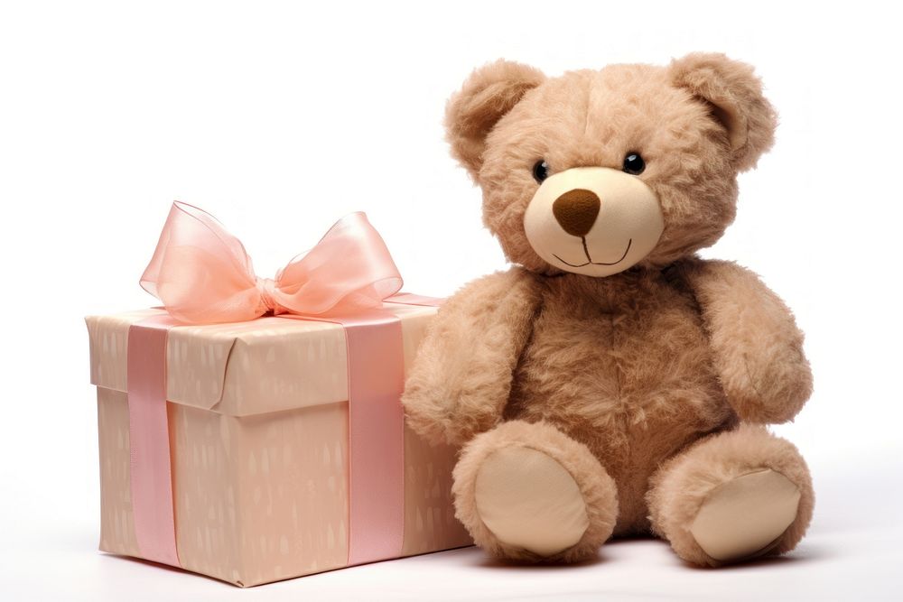 Gift ribbon teddy bear toy white background. 