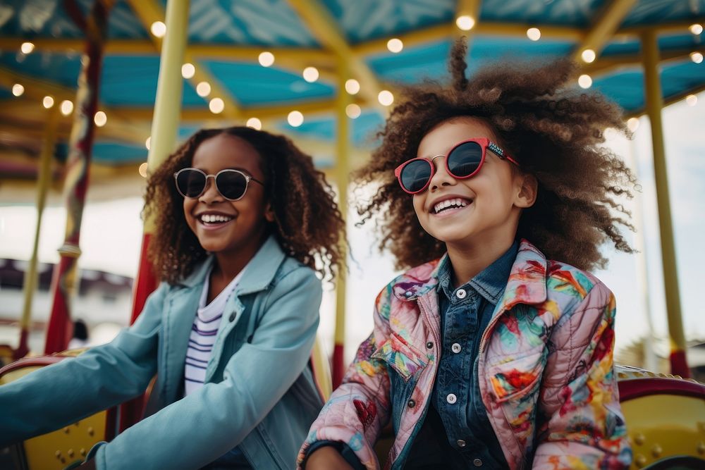 Two diversity kids playing carousel adult smile fun. 