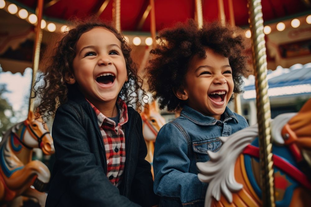 Two diversity kids playing carousel fun togetherness celebration. AI generated Image by rawpixel.