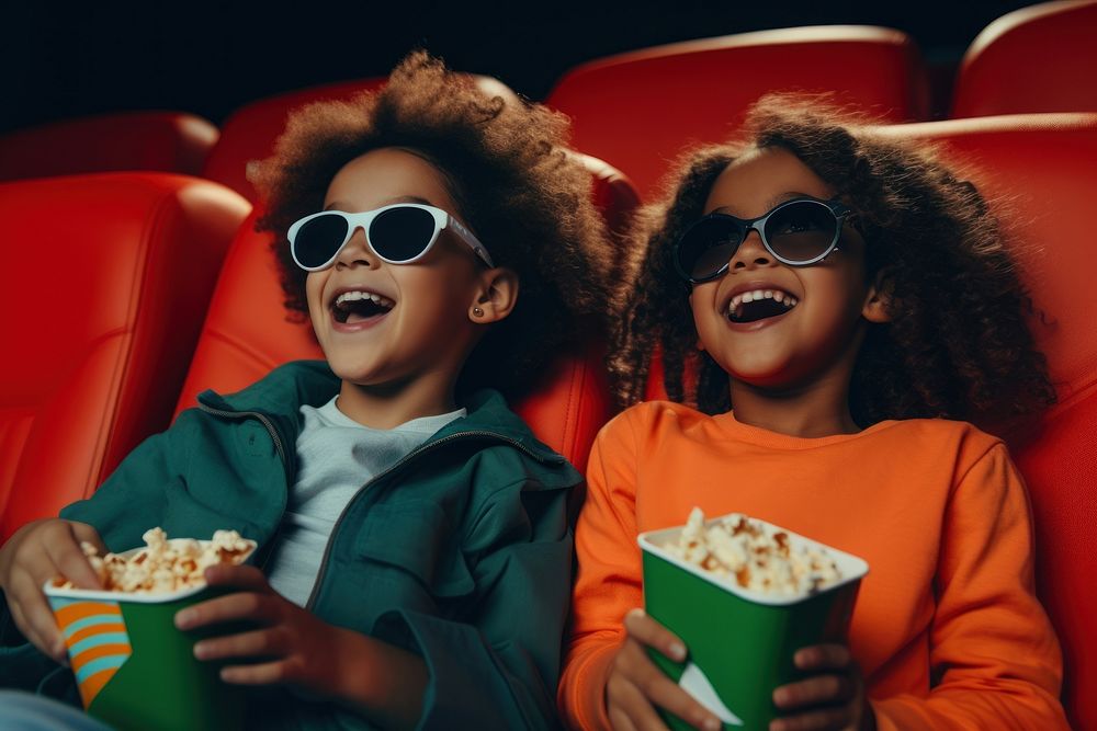 Two diversity kids watching movie laughing popcorn fun. AI generated Image by rawpixel.