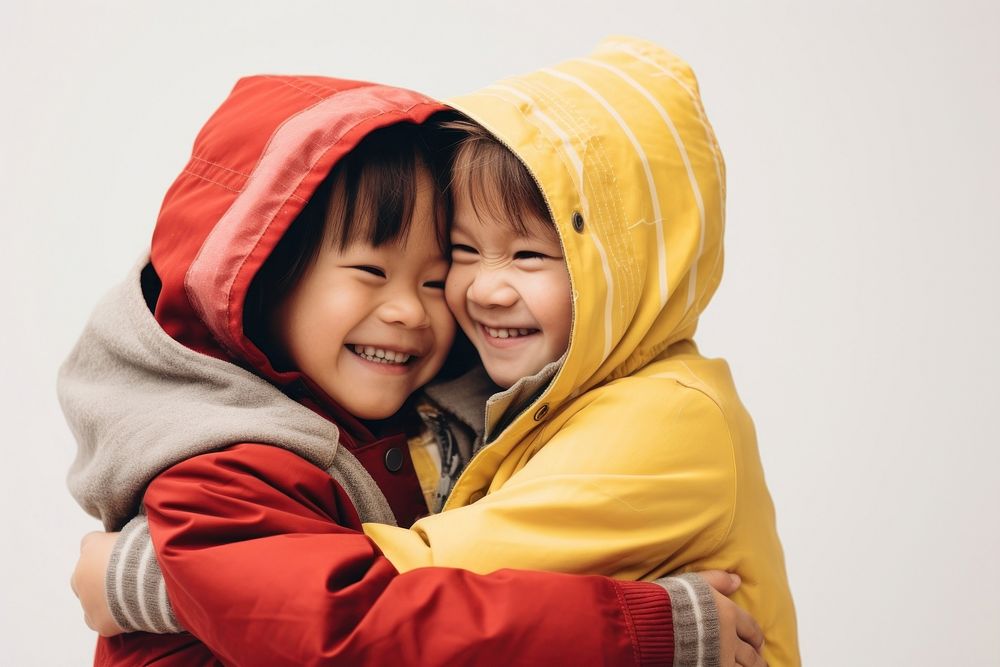 Kids hugging photography portrait costume. 