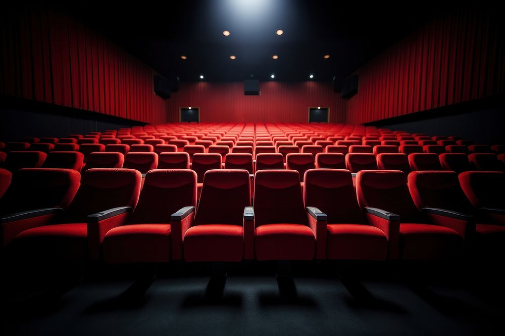 Rows of empty red seats in cinema.