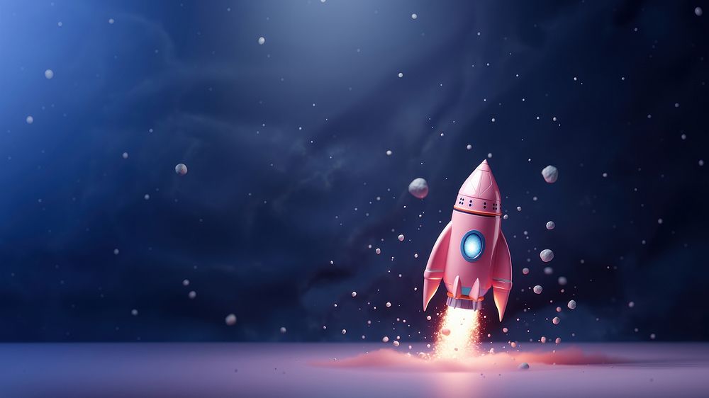 3D illustration of a space rocket, floating in galaxy, cute, minimal.  