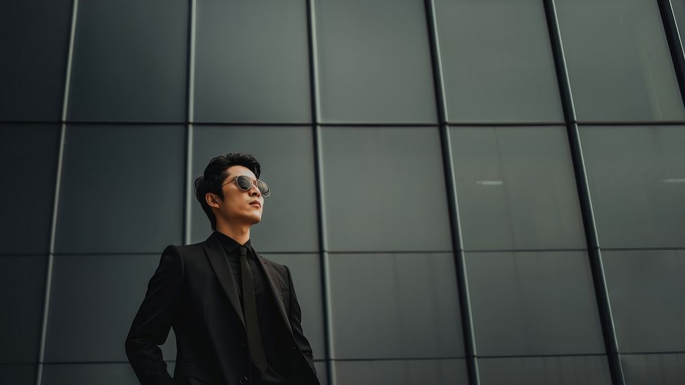 Photo of asian men look up the same way, wear suit and sunglasses.  