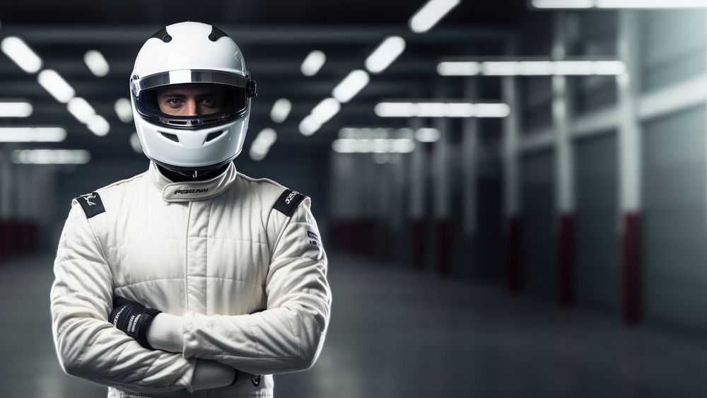 White racing suit helmet adult face. 