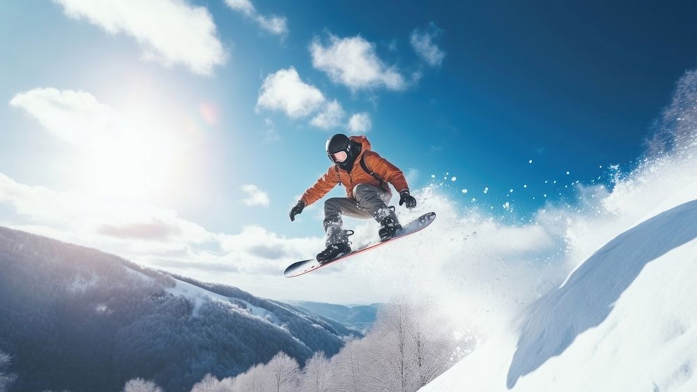 a photo of the man jumping with snowboard from the hill. AI generated Image by rawpixel. 