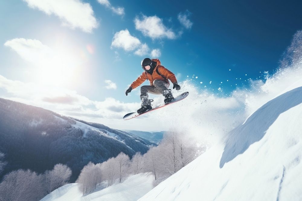 a photo of the man jumping with snowboard from the hill.  