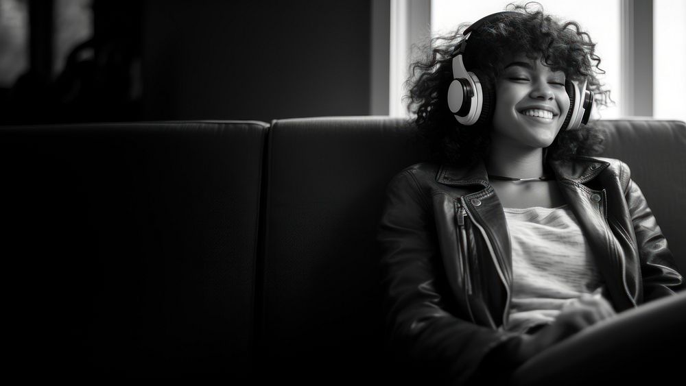 Woman headphones portrait sitting. 