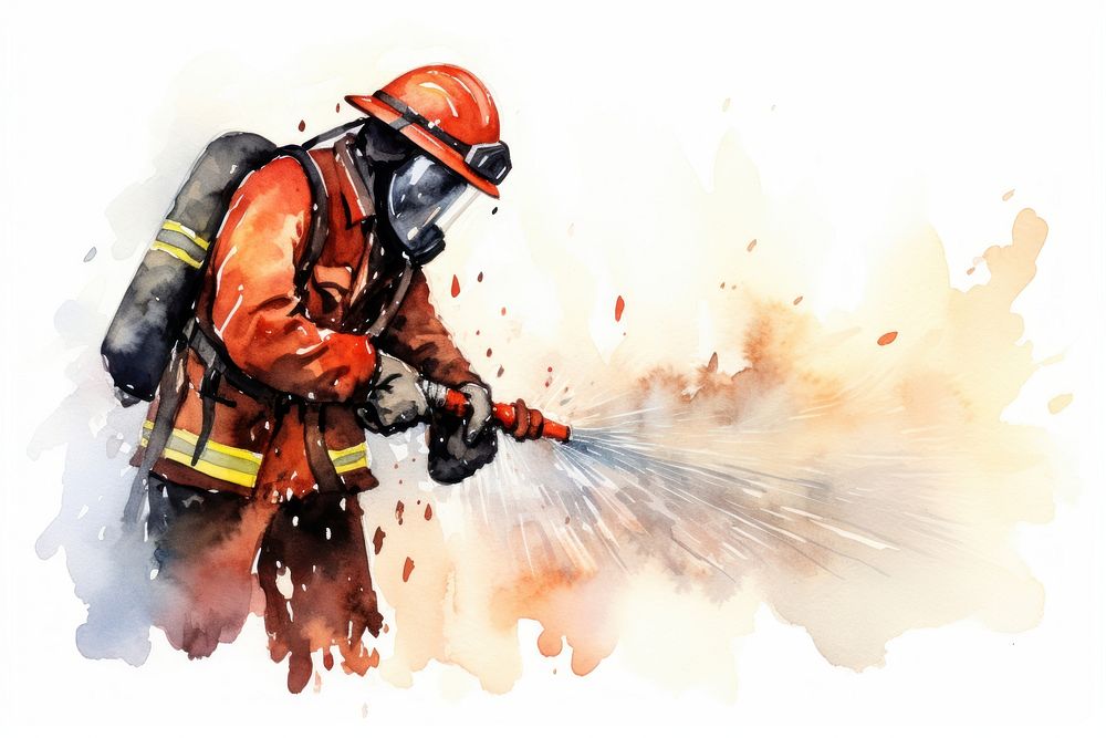 Firefighter spraying water fire firefighter helmet. AI generated Image by rawpixel.