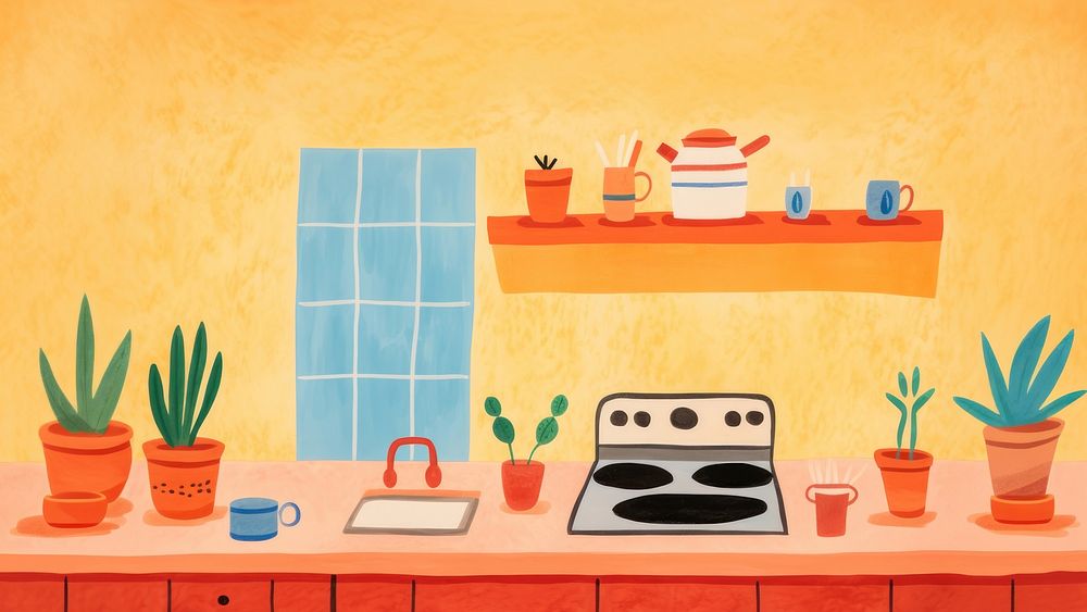 Minimal and simplified kitchen scene, children's book illustration style. AI generated Image by rawpixel. 