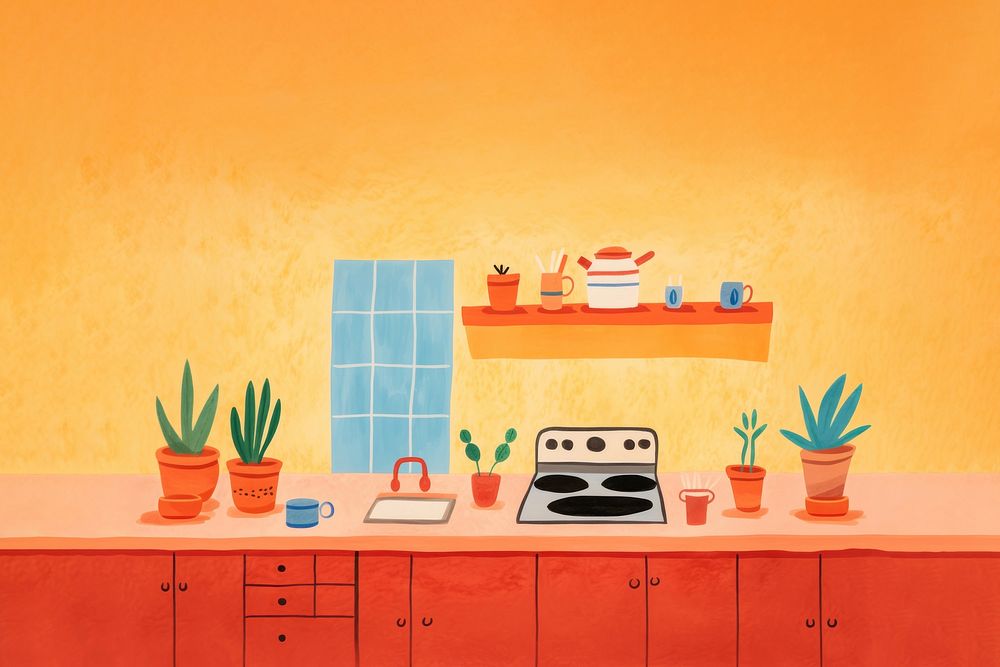 Minimal and simplified kitchen scene, children's book illustration style. AI generated Image by rawpixel. 