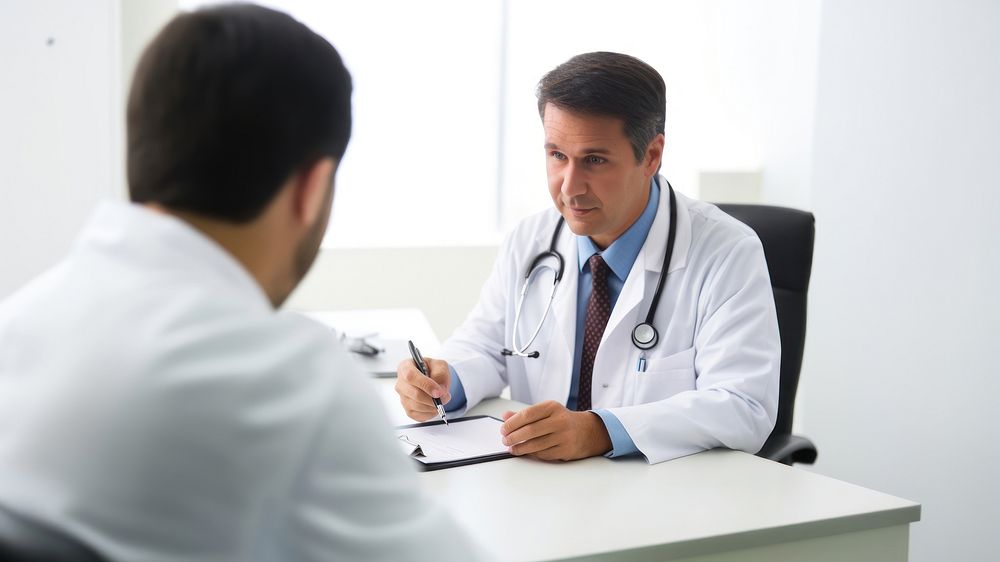 Photo of doctor is talking with patient and making notes while sitting in hospital.  