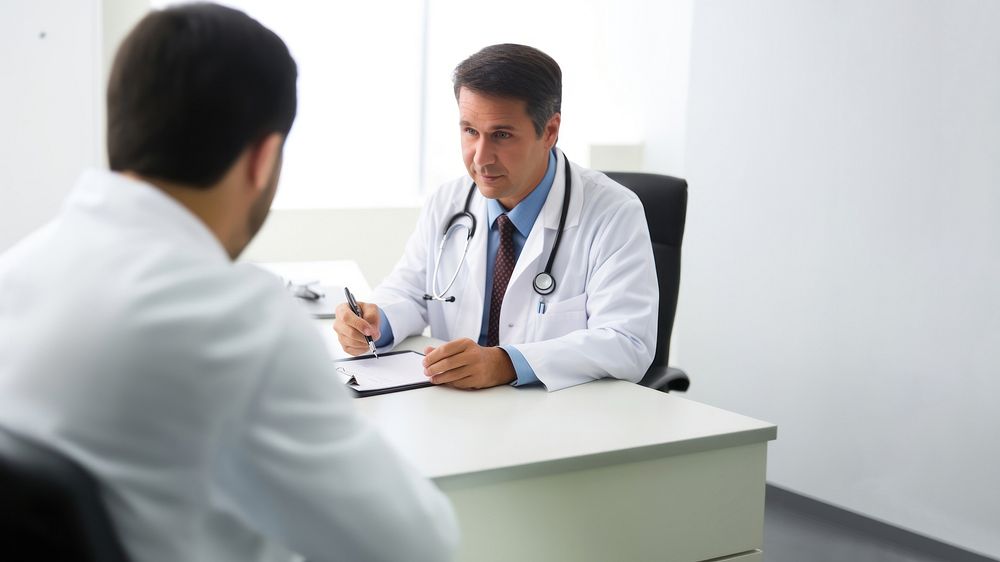 Photo of doctor is talking with patient and making notes while sitting in hospital. AI generated Image by rawpixel. 