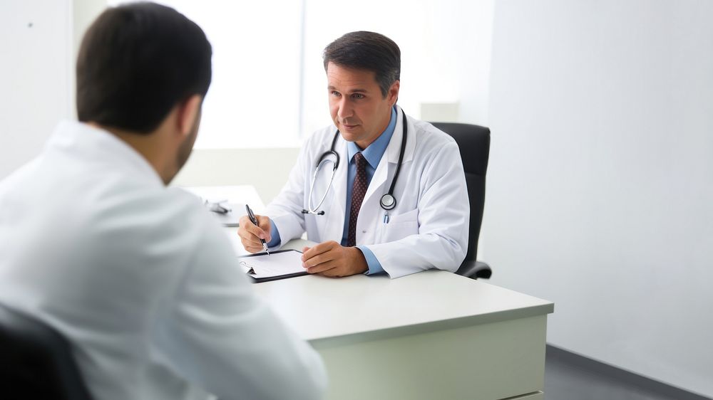 Photo of doctor is talking with patient and making notes while sitting in hospital.  