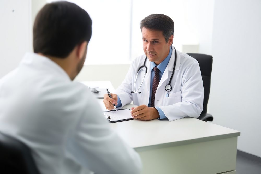 Photo of doctor is talking with patient and making notes while sitting in hospital.  