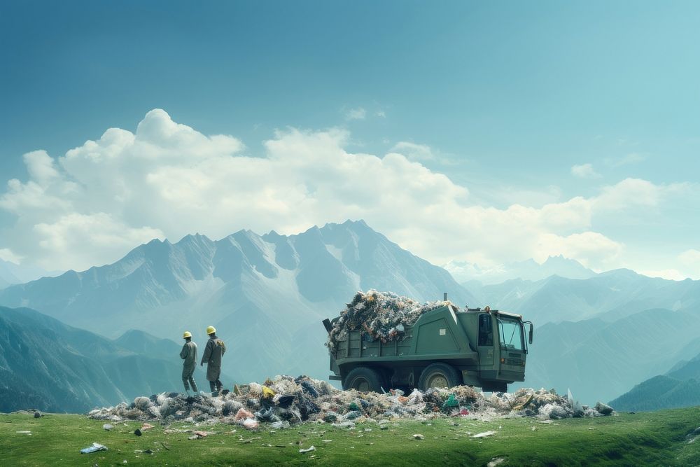 Garbage men mountain vehicle sky. AI generated Image by rawpixel.