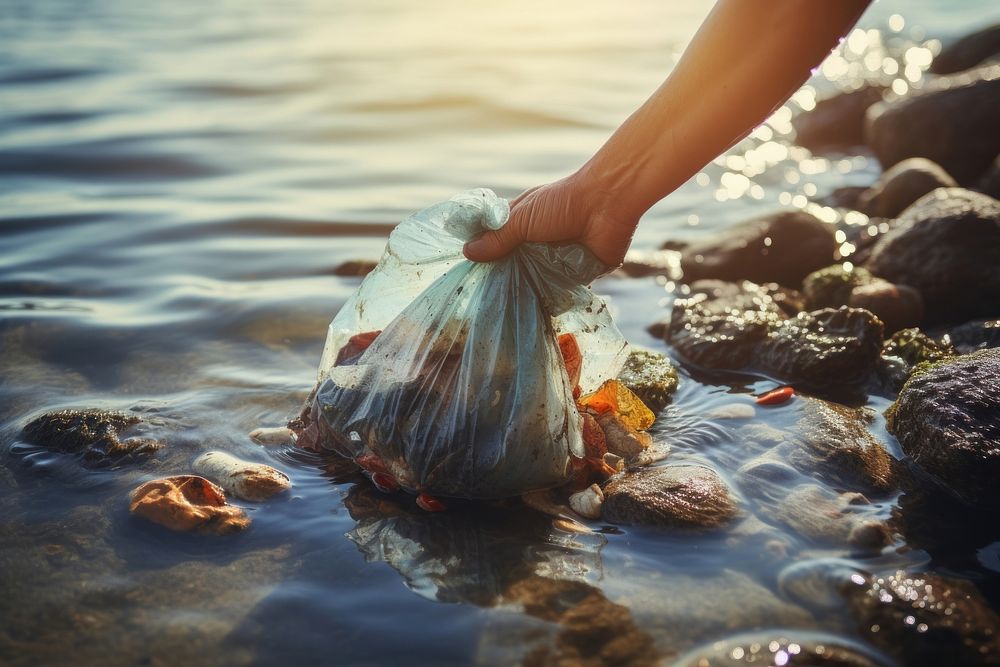 Plastic bags adult sea pollution. AI generated Image by rawpixel.
