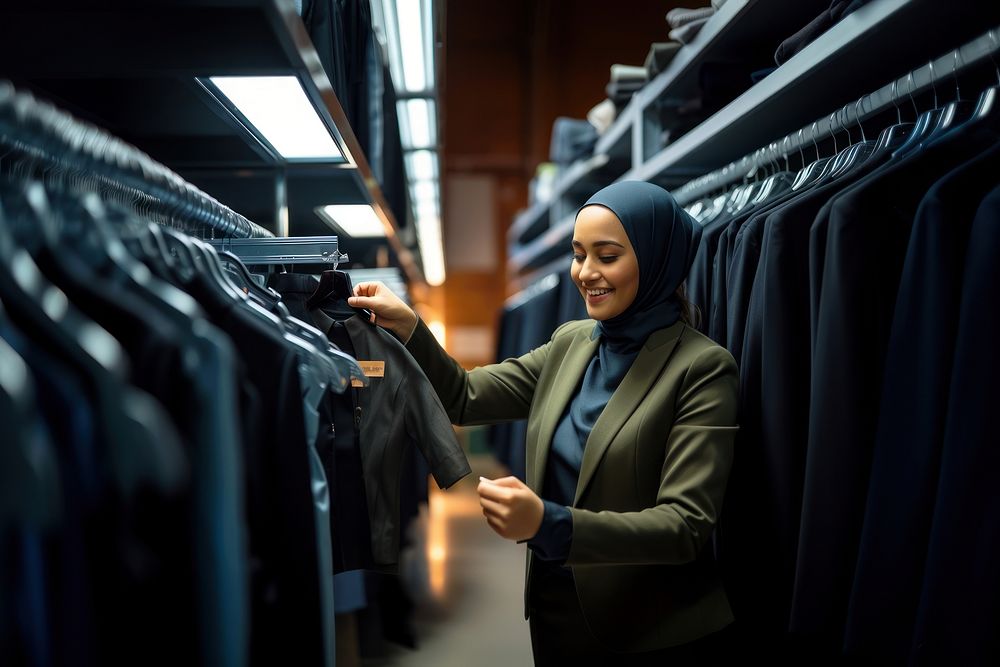 Photo of a muslim women wearing badge holder checking a new clothes in a hanger shelf.  