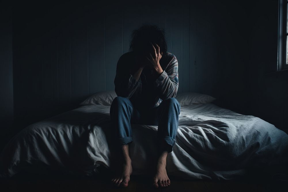 Depression worried anxiety bedroom. AI generated Image by rawpixel.