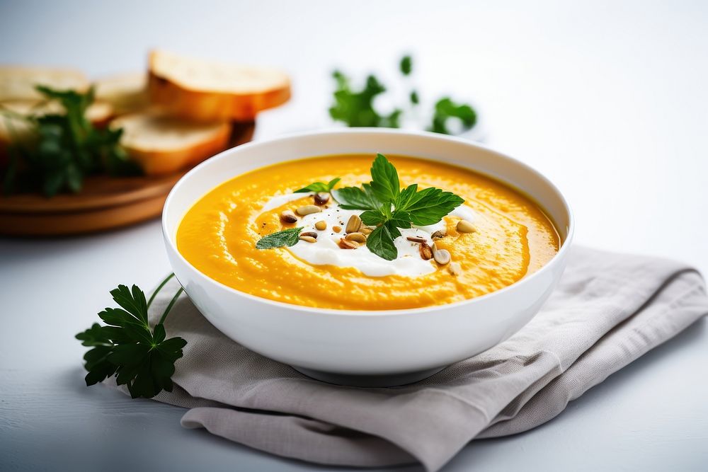 Curried Pumpkin Soup food pumpkin table. AI generated Image by rawpixel.