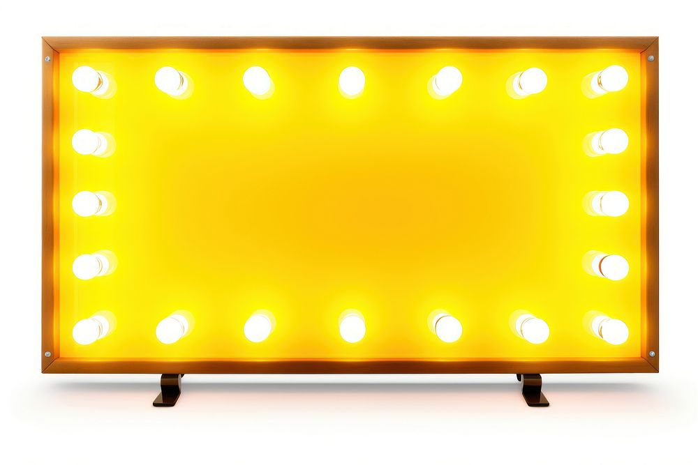 Board light neon bulbs lighting yellow white background. 