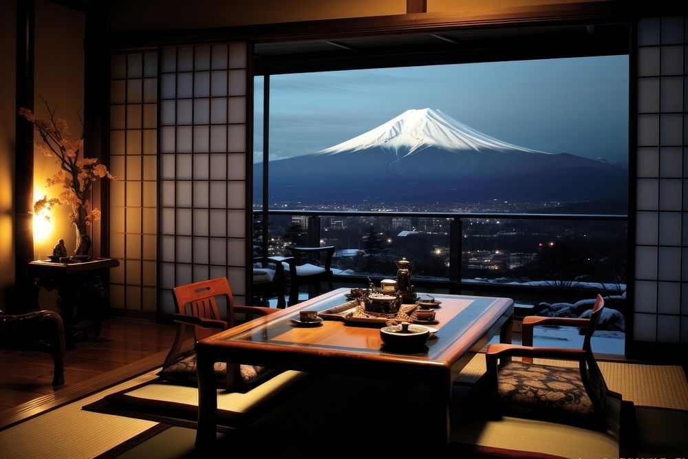 Japanese ryokan room architecture building nature. 