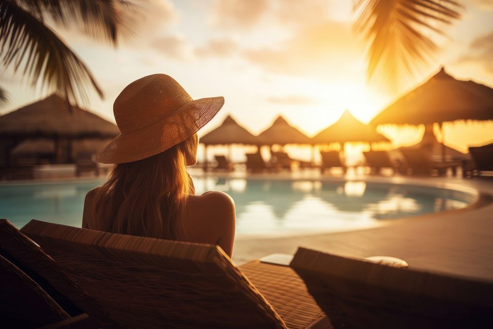 Woman relaxing by the pool in a luxurious beachfront hotel resort at sunset enjoying perfect beach holiday vacation. AI…