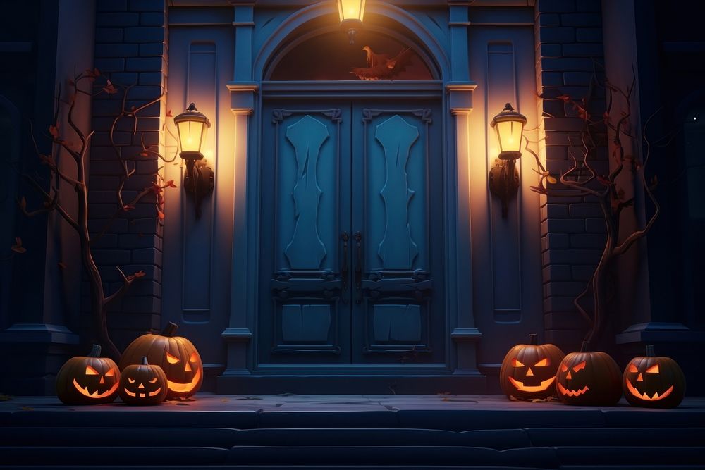 Front door halloween night anthropomorphic. AI generated Image by rawpixel.
