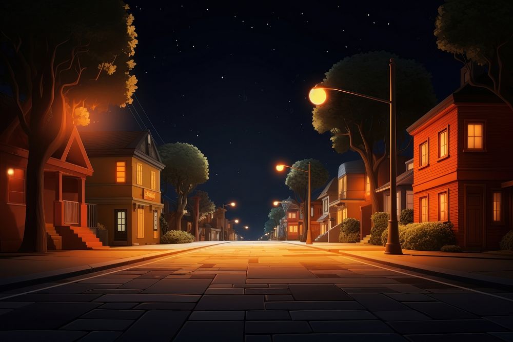 Neighborhood sidewalk night architecture. AI generated Image by rawpixel.