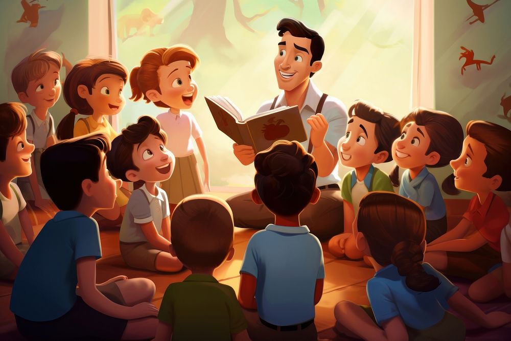 Teacher telling story cartoon adult child. AI generated Image by rawpixel.