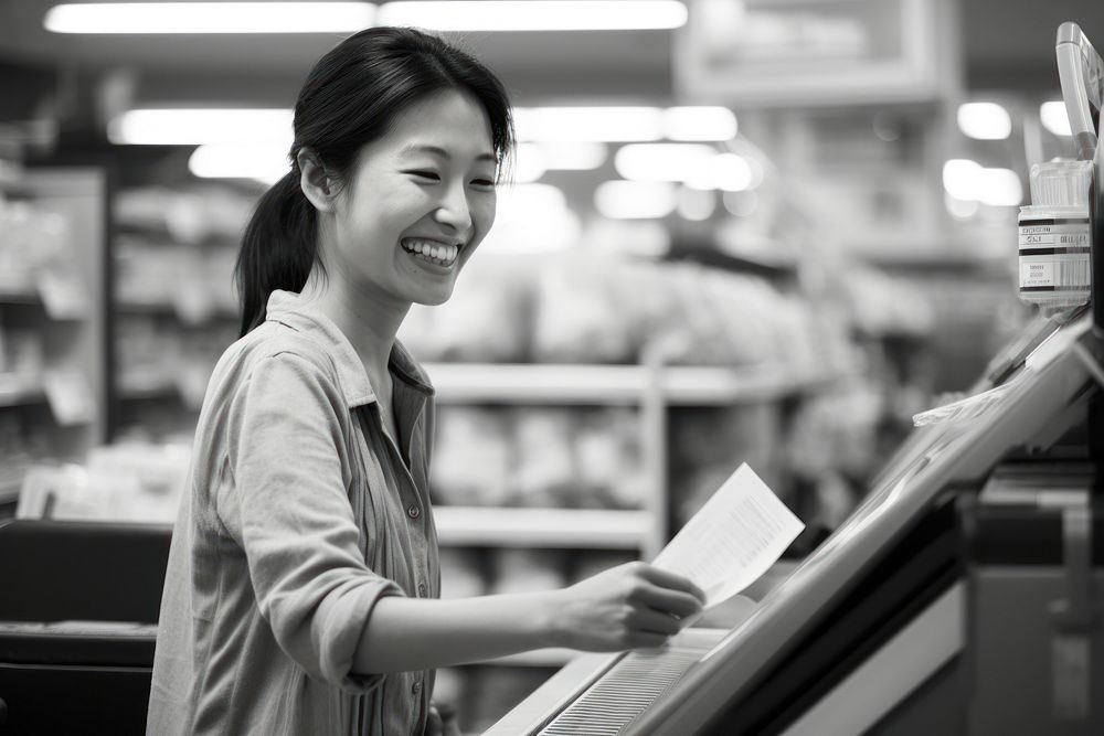 Smiling asian woman supermarket portrait paying. 