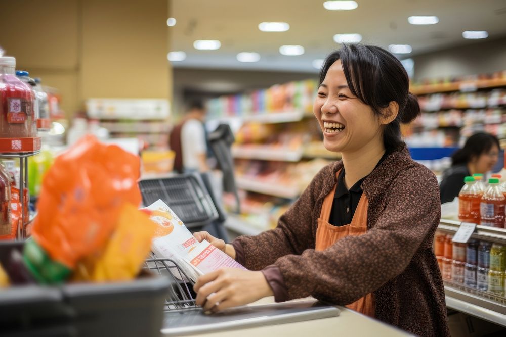 Smiling asian woman supermarket groceries adult. 