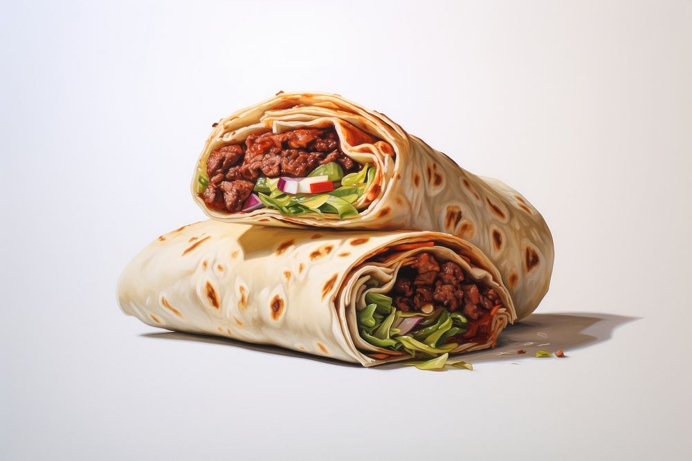 A beef burrito bread food white background. 