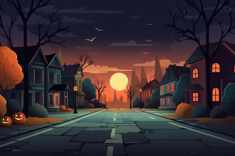 Halloween neighborhood sidewalk outdoors street.