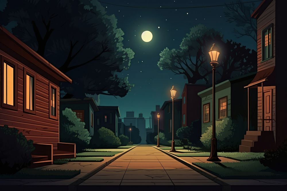 Neighborhood sidewalk night outdoors. AI generated Image by rawpixel.