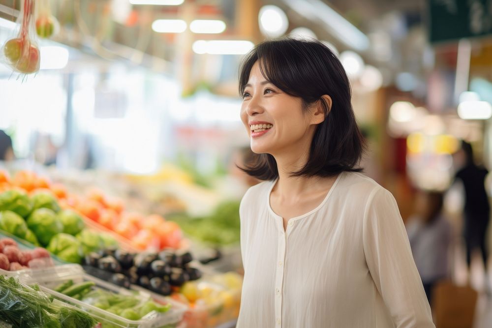 Japanese housewife shopping market smile adult. AI generated Image by rawpixel.