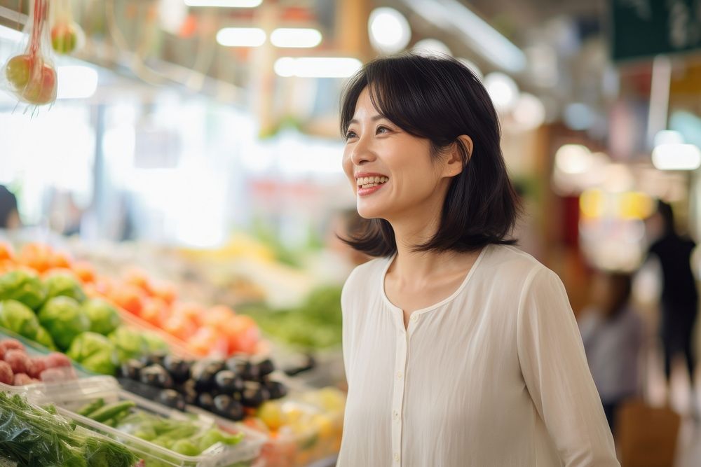 Japanese housewife shopping market smile adult. 