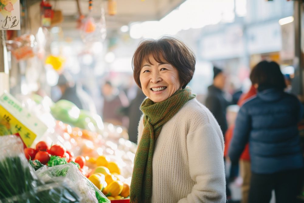 Japanese housewife shopping market adult smile. 