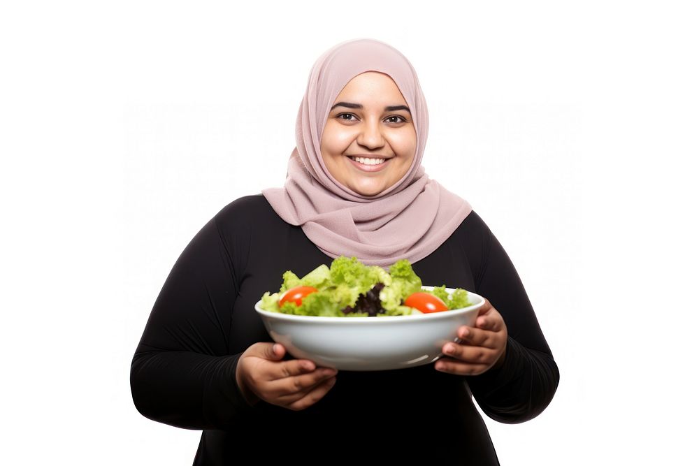 Healthy eating portrait holding salad. 