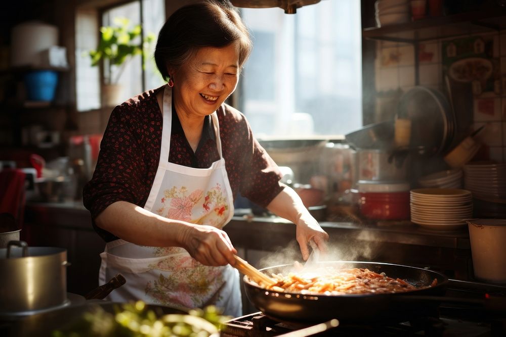 Aunt cooking food adult concentration. 