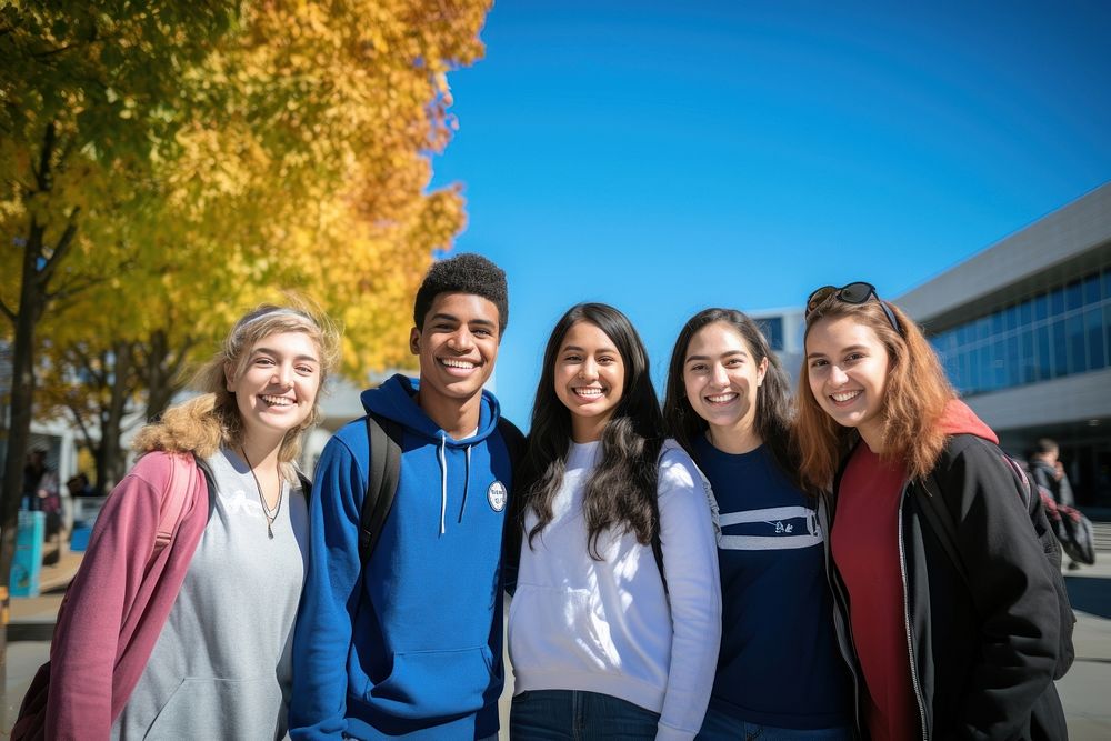 Diverse students outdoors adult blue. 